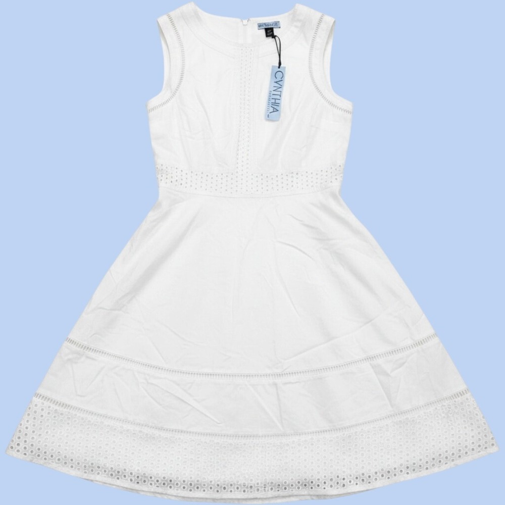 Cynthia Rowley Dress 4 White Eyelet Lace Trim Sleeveless Fit Flare Cotton NWT